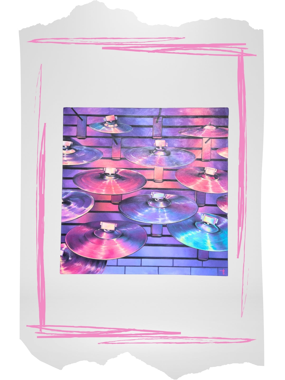 Acrylic painting of a variety of cymbals on a display wall at a music store. Pink and purple colour scheme.