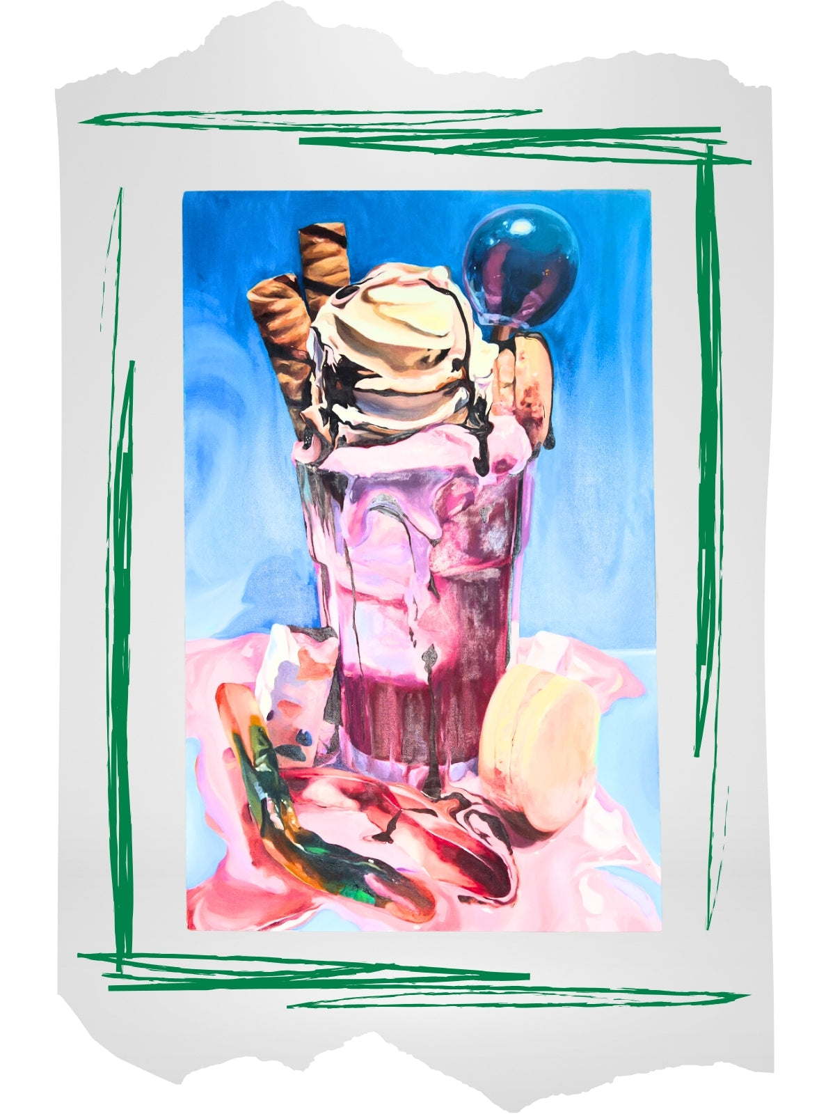 Oil painting of an ice cream float with cookies, cookie straws, lollipops, and gummy worms. Drink is overflowing with pink liquid puddles.