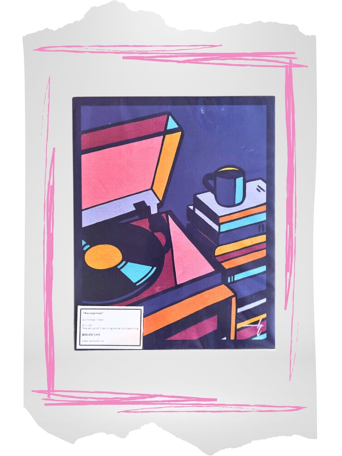 Acrylic painting of a record player next to a stack of books with a coffee cup on top. Abstract colour scheme.