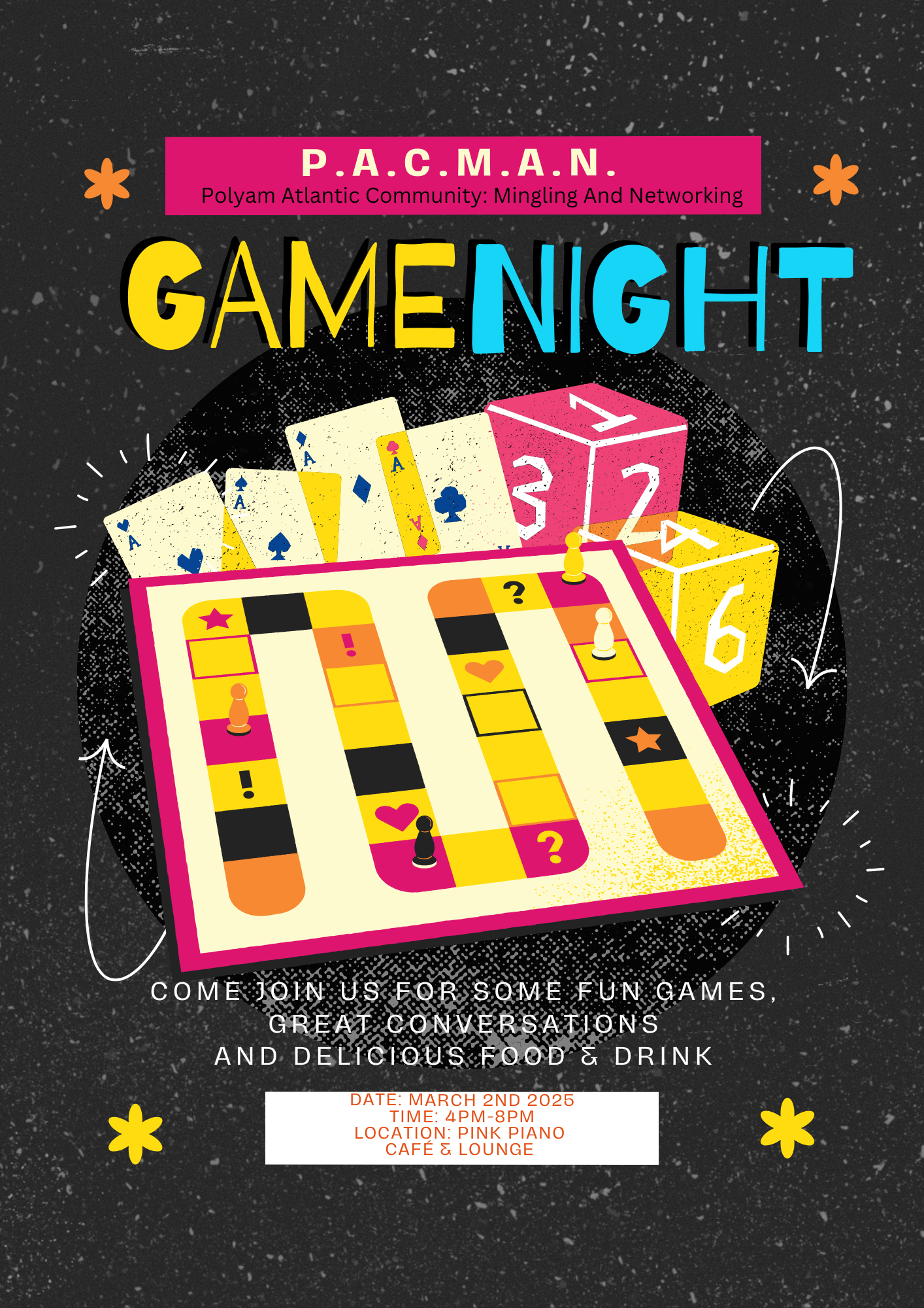 Poster advertising game night for the polyam altantic community on March 2 at 4pm-8pm at the Pink Piano Cafe. 