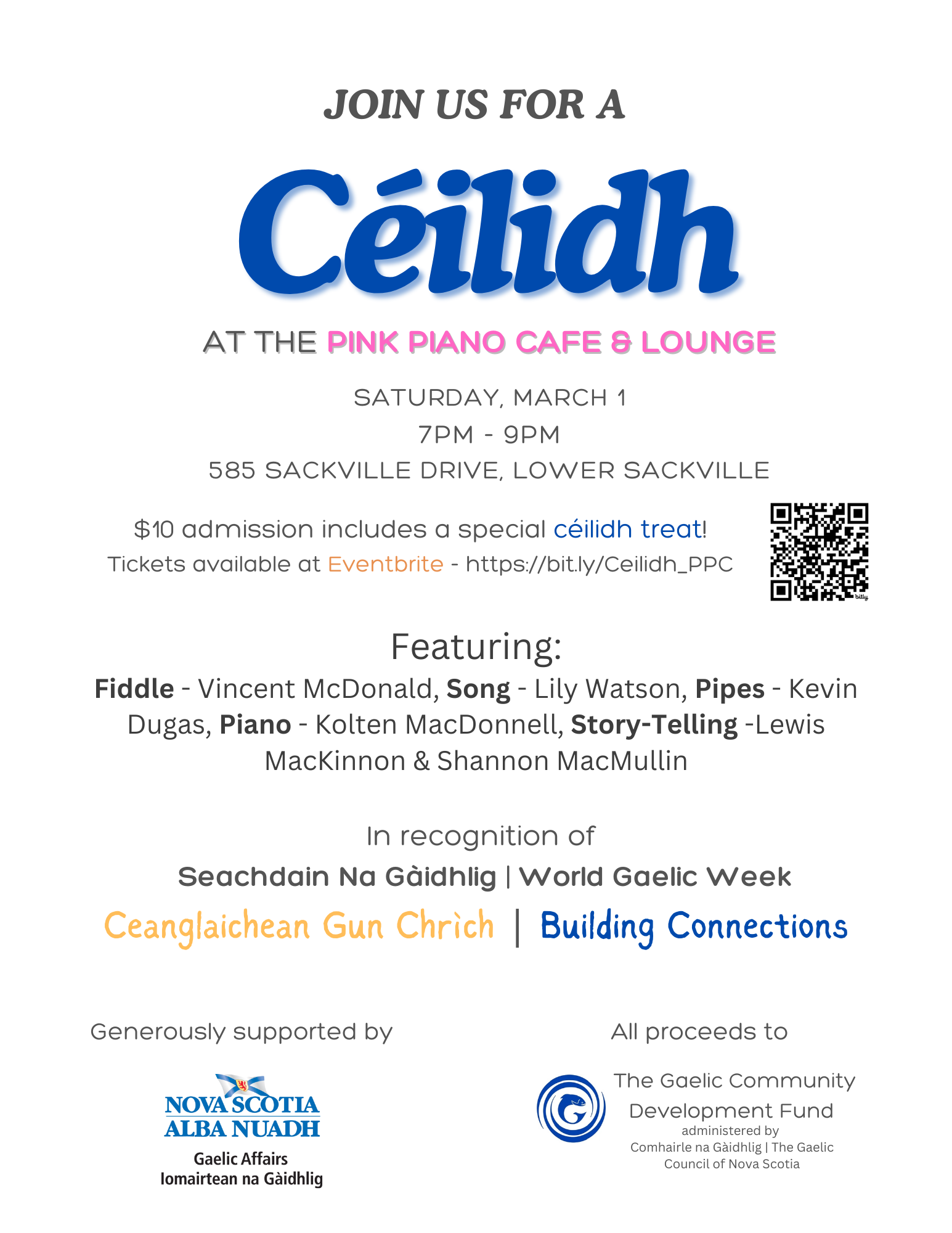 Poster advertising Ceilidh on March 1 from 7pm-9pm at the Pink Piano. $10 admission fee. Featuring live music. 