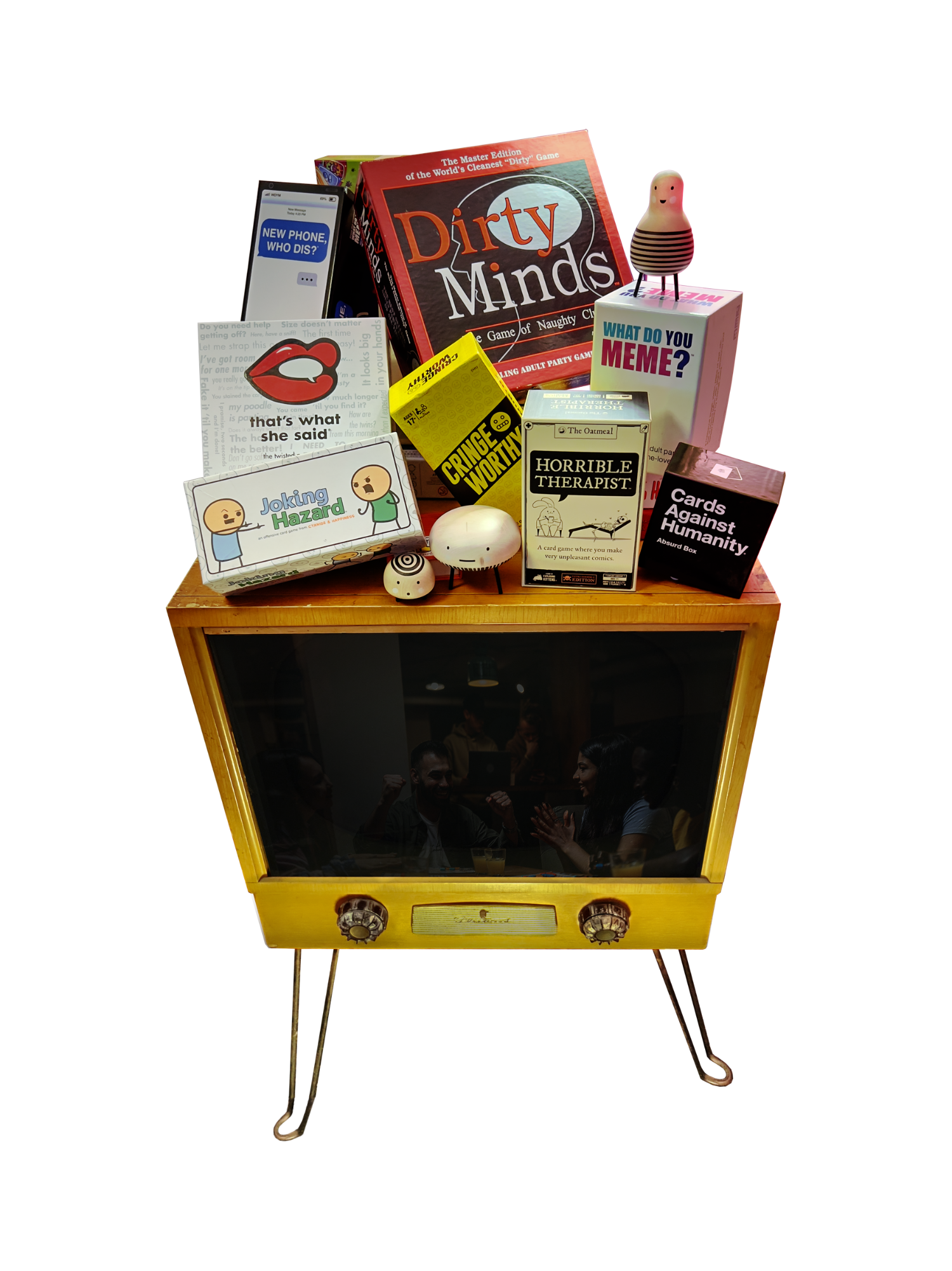 Old television featuring a collection of adult board games resting on top. Reflection in tv shows group of adults playing games.